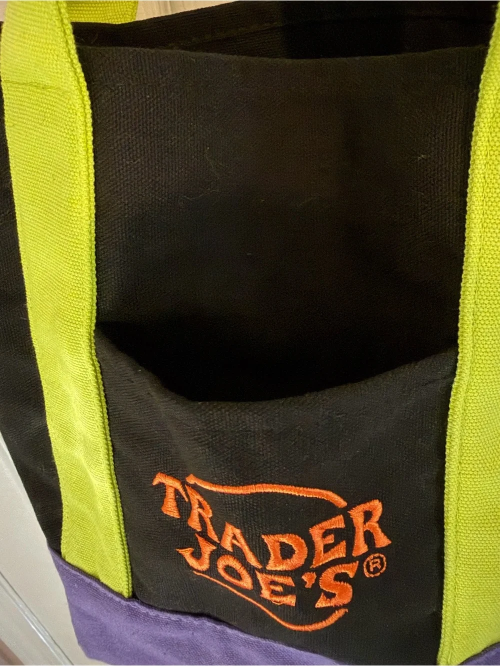 Trader Joe’s Trick or Treat Canvas Tote Bag in Black, Lime, Purple & Orange